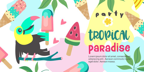 Hello summer. Party tropical Paradise. Vector illustration, invitation to a party with a cute Toucan bird. © katedemian