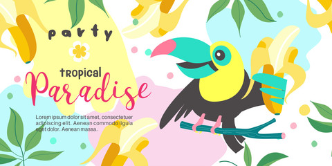 Hello summer. Party tropical Paradise. Vector illustration, invitation to a party with a cute Toucan bird. © katedemian