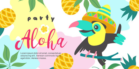 Hello summer. Party tropical Paradise. Vector illustration, invitation to a party with a cute Toucan bird. © katedemian