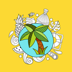 Cartoon hand drawn doodle consisting of separate elements. Summer, rest, sea, rest. Vector illustration.