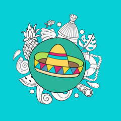 Cartoon hand drawn doodle consisting of separate elements. Summer, rest, sea, rest. Vector illustration.