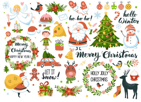 Set of Christmas and New Year element with Santa, snowman, deer, fur-tree, wreaths and other. Perfect for scrapbooking, greeting card, party invitation, poster, tag, sticker kit. Hand drawn style