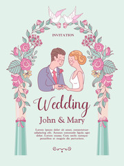 Wedding invitation. Lovely wedding card with the bride and groom. Vector illustration.