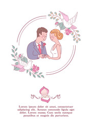 Wedding invitation. Lovely wedding card with the bride and groom. Vector illustration.