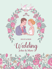 Wedding invitation. Lovely wedding card with the bride and groom. Vector illustration.