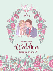 Wedding invitation. Lovely wedding card with the bride and groom. Vector illustration.