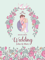 Wedding invitation. Lovely wedding card with the bride and groom. Vector illustration.