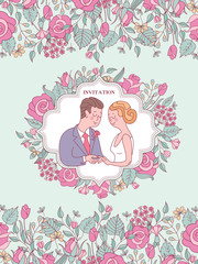 Wedding invitation. Lovely wedding card with the bride and groom. Vector illustration.