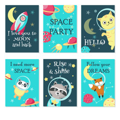 Space party invitation card vector template set