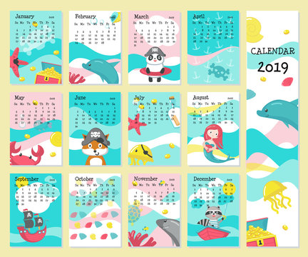 Calendar 2019 vector template with pirate animals