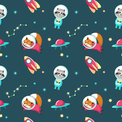 Cute animals in cosmos vector seamless pattern