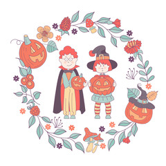 Happy Halloween vector illustration. Hand drawn greeting card, invitation for a Halloween party.