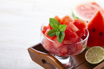 Pieces of watermelon and mint in a plate