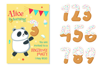 Vector birthday invitation with panda and numbers