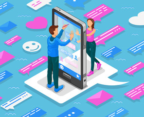 Online dating isometric concept. Teenagers chat through smartphone. Illustration - obrazy, fototapety, plakaty