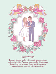 Happy weddings. Wedding ceremony. Wedding in Church. Wedding card, wedding invitation. Vector illustration.