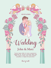 Happy weddings. Wedding ceremony. Wedding in Church. Wedding card, wedding invitation. Vector illustration.