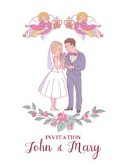 Happy weddings. Wedding ceremony. Wedding in Church. Wedding card, wedding invitation. Vector illustration.