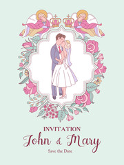 Happy weddings. Wedding ceremony. Wedding in Church. Wedding card, wedding invitation. Vector illustration.