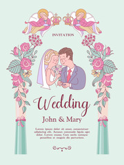 Happy weddings. Wedding ceremony. Wedding in Church. Wedding card, wedding invitation. Vector illustration.