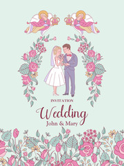 Happy weddings. Wedding ceremony. Wedding in Church. Wedding card, wedding invitation. Vector illustration.