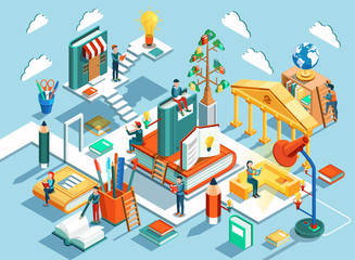 Online education Isometric flat design. The concept of learning and reading books in the library and in the classroom. Illustration