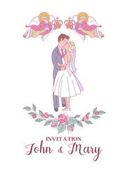Happy weddings. Wedding ceremony. Wedding in Church. Wedding card, wedding invitation. Vector illustration.