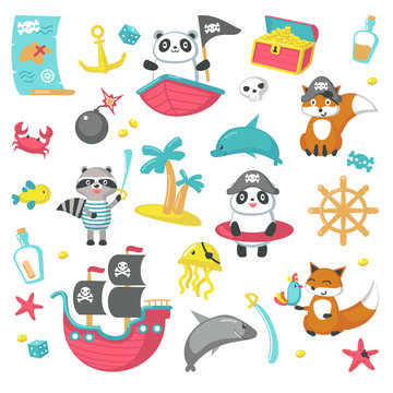 Vector set of cute pirate animals and marine items