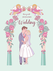 Happy weddings. Wedding ceremony. Wedding in Church. Wedding card, wedding invitation. Vector illustration.