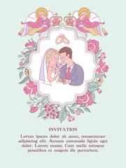 Happy weddings. Wedding ceremony. Wedding in Church. Wedding card, wedding invitation. Vector illustration.