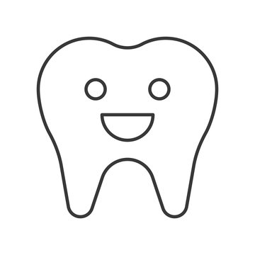Tooth smiling, cute cartoon outline icon dental care set