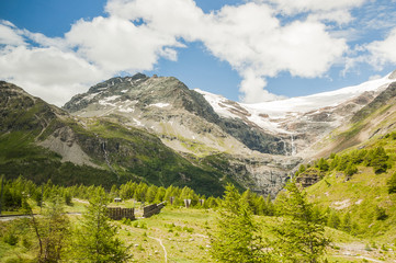 Fototapeta na wymiar Bernina, Alp Grüm, Gletscher, Palü, Alpen, Wanderweg, Berninapass, Berninaexpress, Lago Bianco, Graubünden, Sommer, Schweiz
