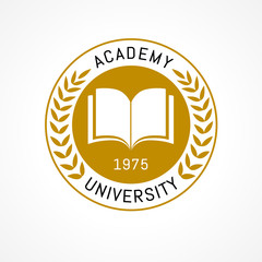 University education logo design with open book and laurel branch. University or college is golden wreath emblem template design. Vector illustration