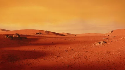Fototapeten Landschaft auf dem Planeten Mars, malerische Wüstenszene auf dem roten Planeten © dottedyeti