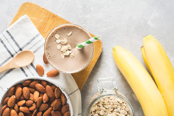 Healthy breakfast smoothie banana oatmeal almond milk