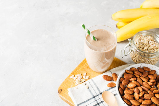 Healthy breakfast smoothie banana oatmeal almond milk