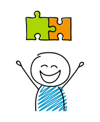 Puzzle (solution) symbol with happy stickman. Vector.