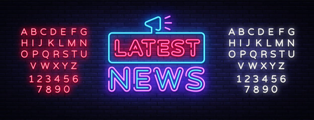 Latest News sign vector design template. Breaking News neon logo, light banner design element colorful modern design trend, night bright advertising, brightsign. Vector. Editing text neon sign