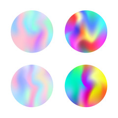 Gradient round set with holographic mesh. Trendy abstract gradient round set backdrops. 90s, 80s retro style. Pearlescent graphic template for brochure, flyer, poster, wallpaper, mobile screen.