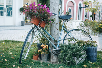 Fototapeta na wymiar A decorated bicycle on the street in the European city