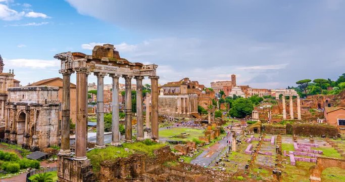 Roman Forum Foro Romano Rome Italy Detail Architecture Landmark in City Center Timelapse 4K. Roman Forum Panoramic View.
