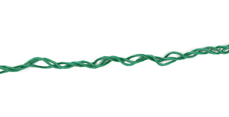 Green synthetic cord, string, rope isolated on white background texture, top view