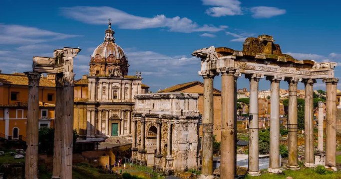 Roman Forum Foro Romano Rome Italy Detail Architecture Landmark in City Center Timelapse 4K. Roman Forum Panoramic View.