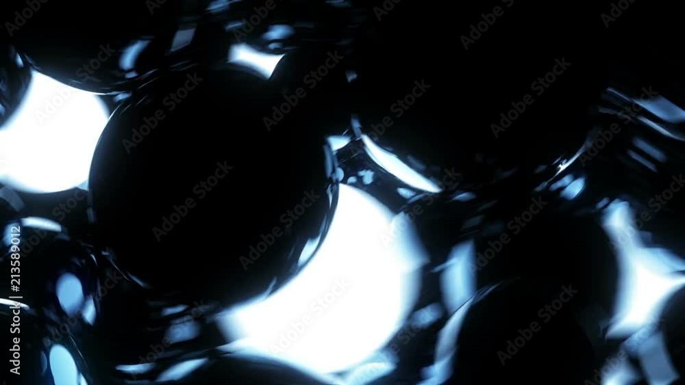 Poster glowing spheres moving through glossy black. abstract modern background. 3d render computer generate