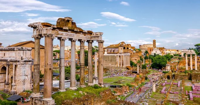Roman Forum Foro Romano Rome Italy Detail Architecture Landmark in City Center Timelapse 4K. Roman Forum Panoramic View. 