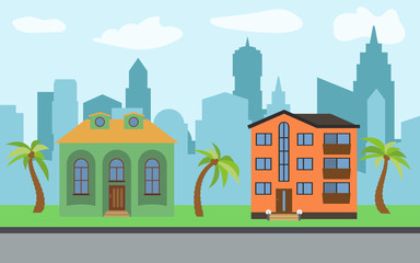 Obraz premium Vector city with two-story and three-story cartoon houses and palm trees in the sunny day. Summer urban landscape. Street view with cityscape on a background 