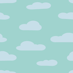 Seamless background with blue sky and white cartoon clouds. Vector illustration.
