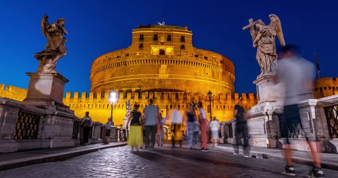Ponte Sant'Angelo Bridge Timelapse at Night Sunset. Bridge Ponte Sant'Angelo Detail Architecture Landmark at Night in City Center Timelapse 4K.