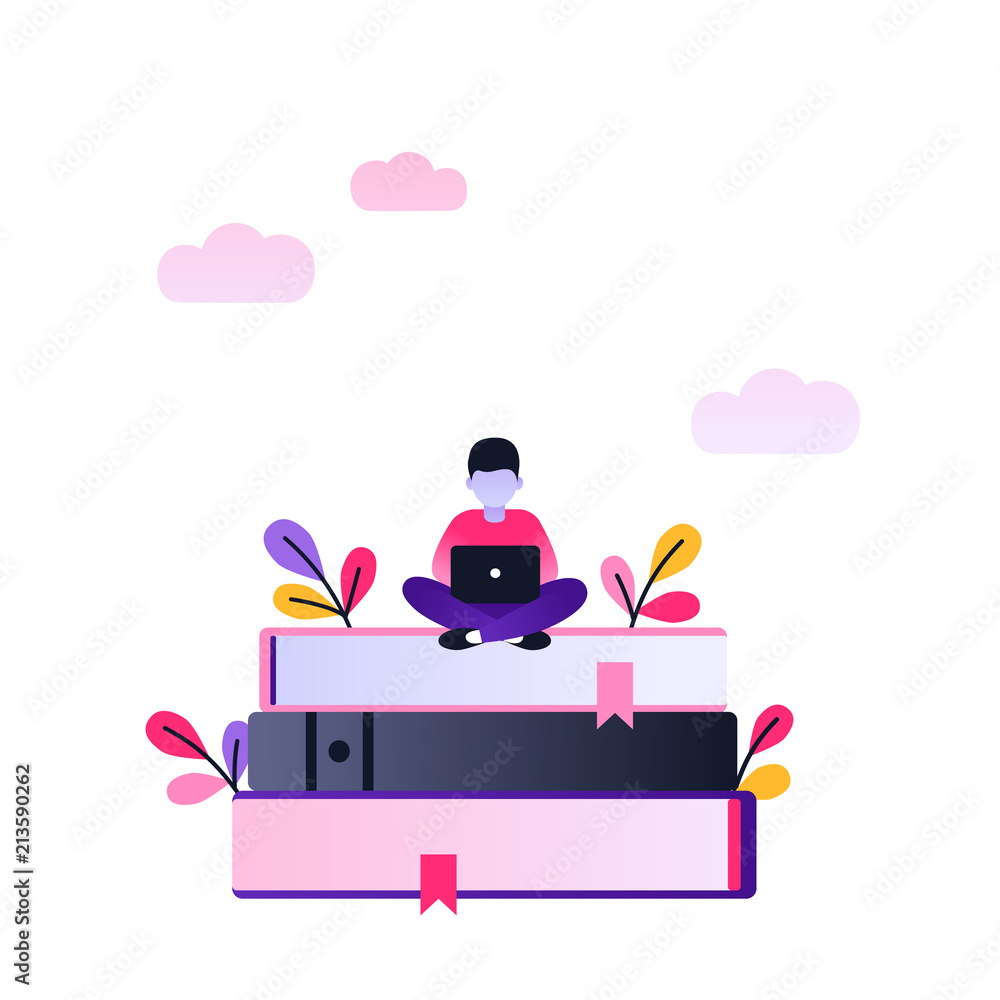 Poster flat vector character working with laptop. modern ultraviolet gradient illustration of distance lear