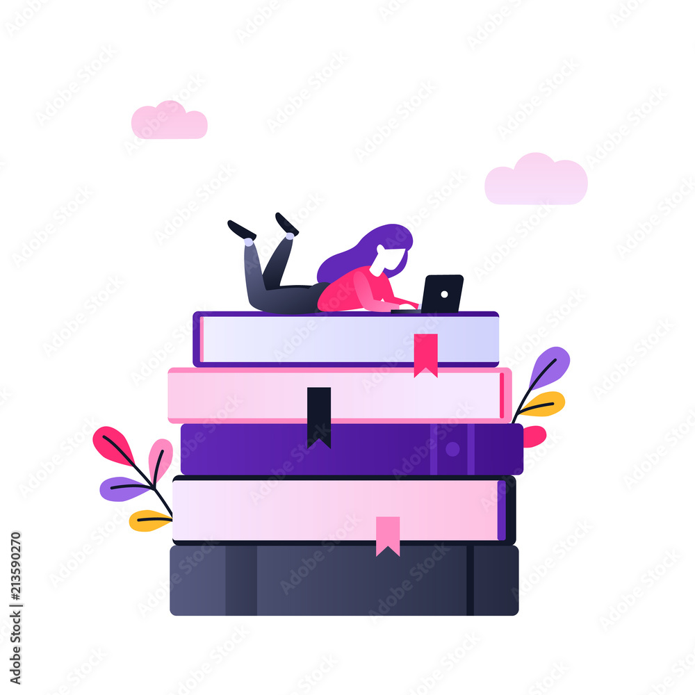 Poster flat vector character working with laptop. modern ultraviolet gradient illustration of distance lear